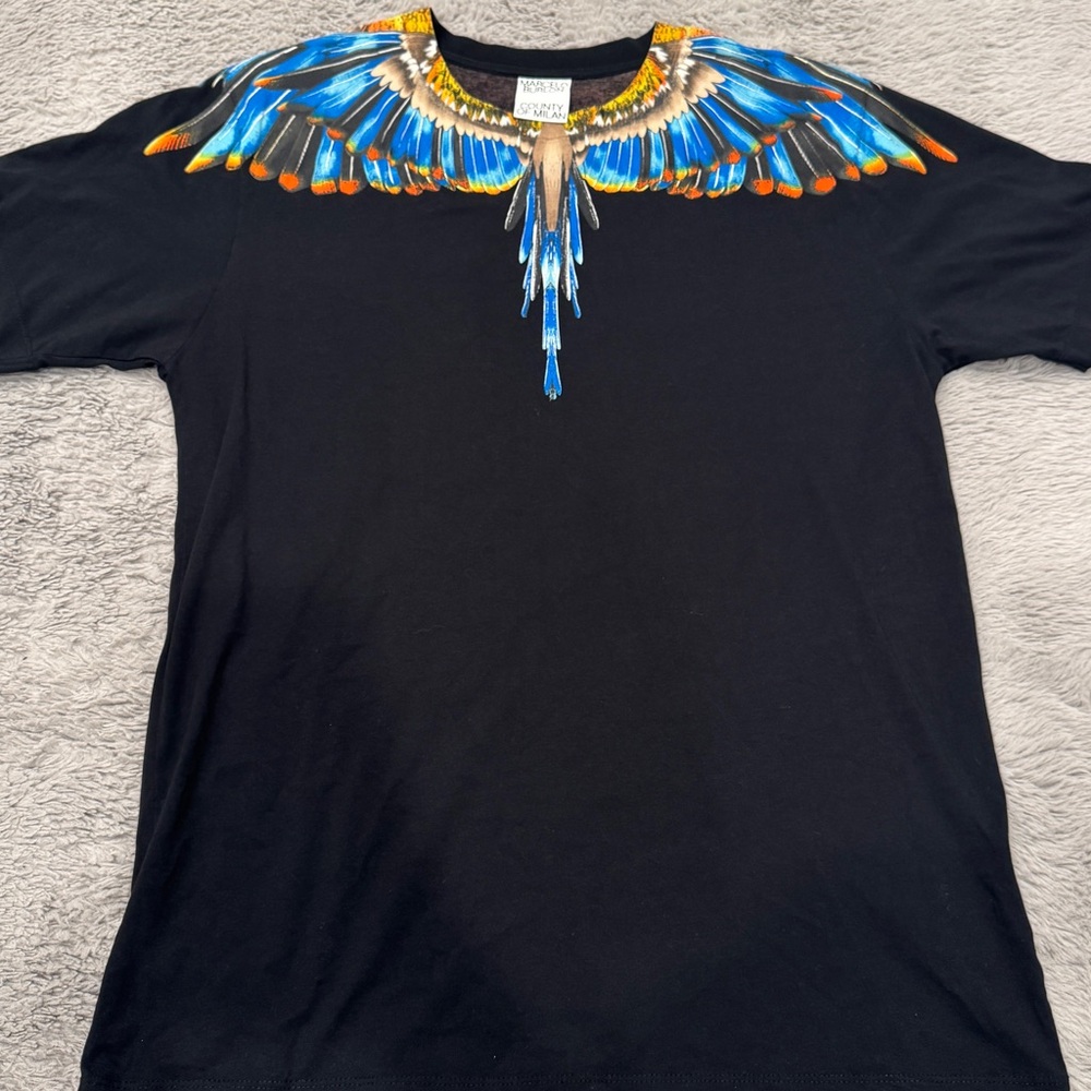 Black Graphic Tee with Colorful Wing Design